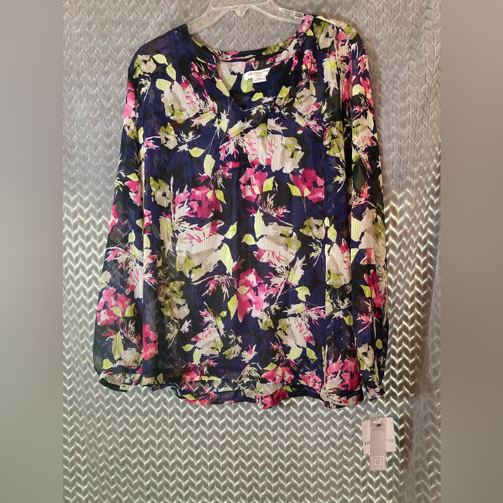 NWT Liz Claiborne Petite Sheer Long Sleeve Floral Blouse PXL Midnight Sky Navy.